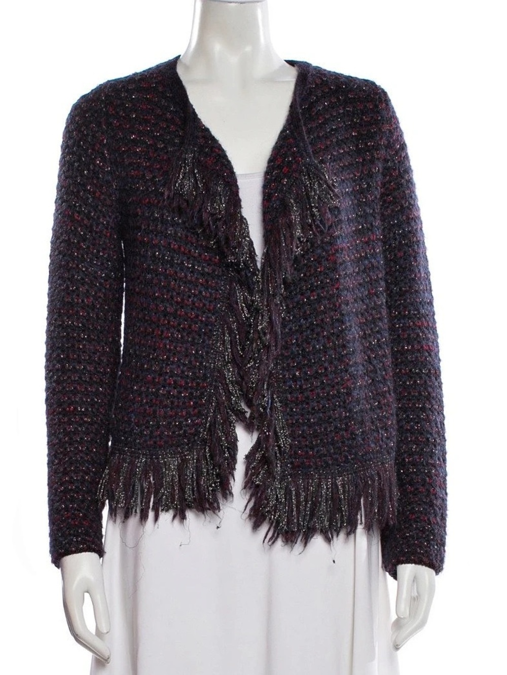 Maje Fringe Open Front Cardigan in navy & Red Like New